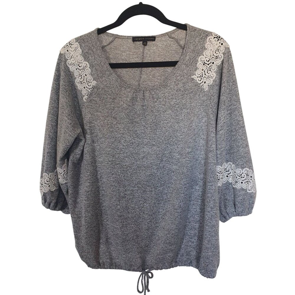Adrienne Vittadini Gray Pullover Sz XL Lace Drawstring Sweater‎ Stretch Top